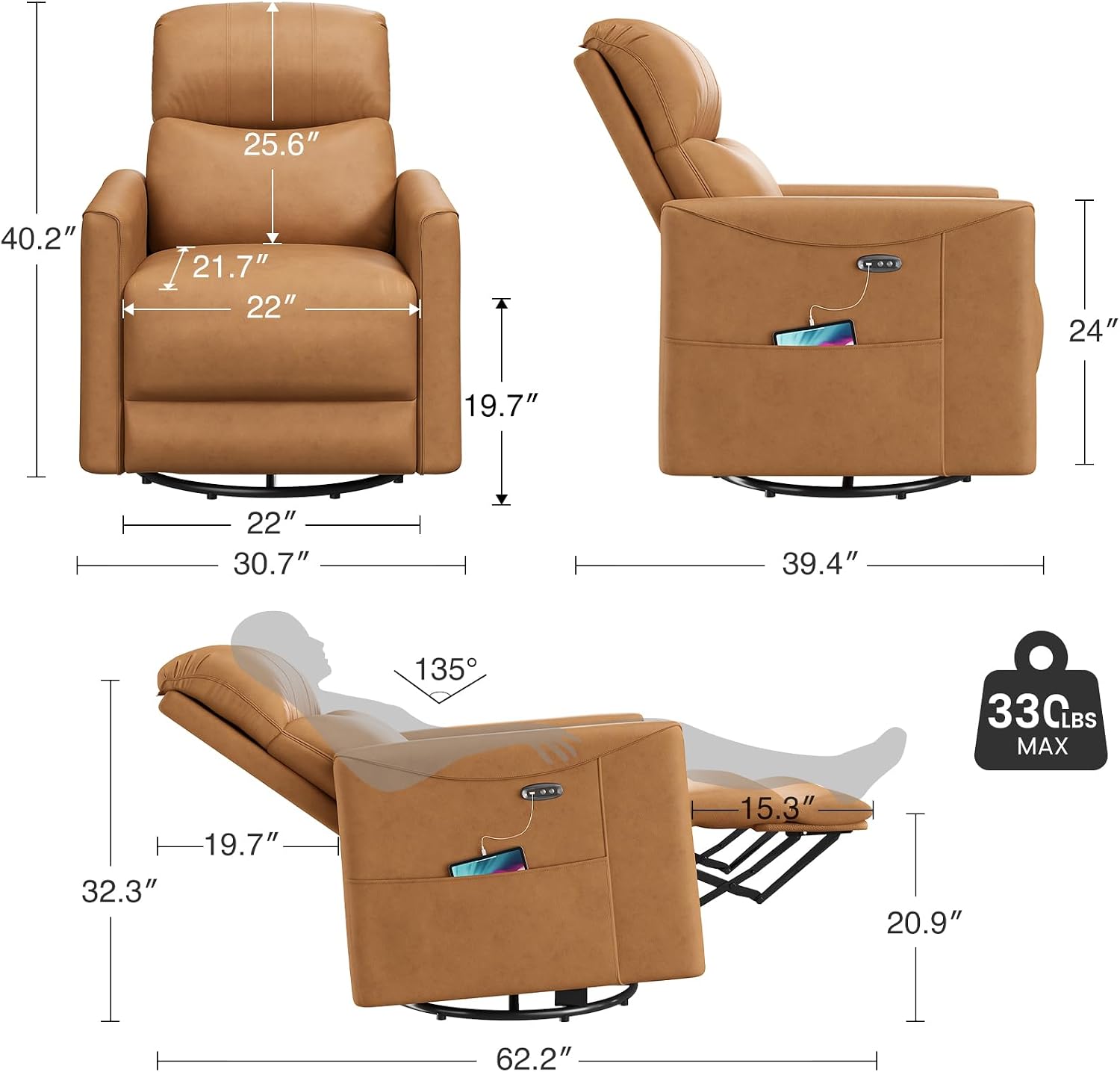 Welzona Power Swivel Rocker Recliner, 360° Swivel Nursery Rocking Chair, PU Leather Glider Rocking Recliner, Infinite Position Electric Chair for Adults with USB Port for Living Room, Amber Yellow
