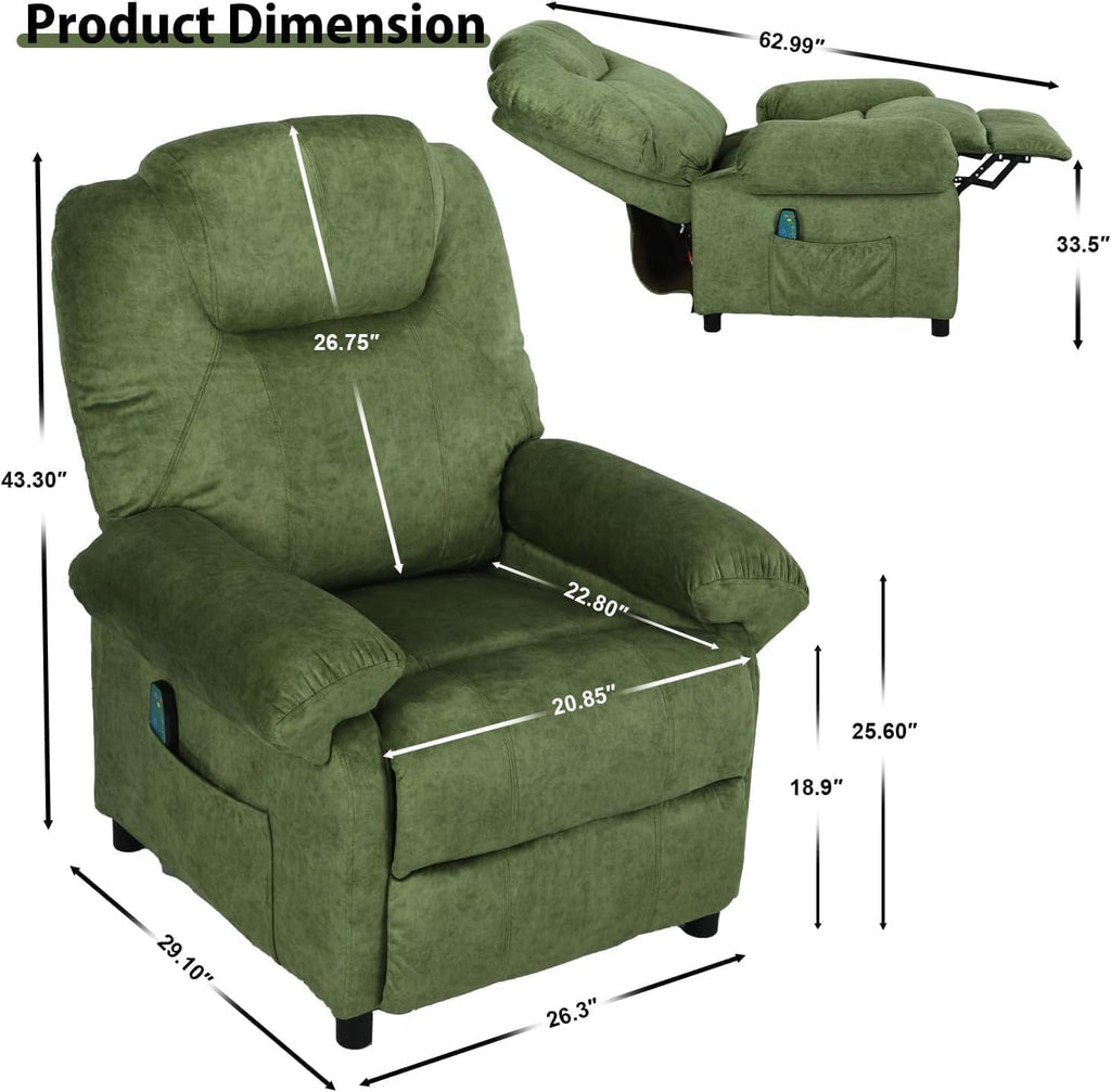 Overstuffed Push Back Recliner Chair for Living Room, Mid Century Fabric Heated Massaging Reclining Chair Small Recliner Chair with Heat and Massage, Green