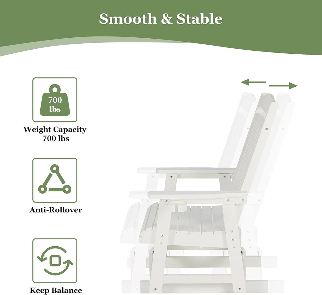 Poly Lumber Patio Glider for One Person, with Cup Holders, High Backrest and Deep Contoured Seat, HIPS Material, All-Weather Resistant, Heavy Duty 700 LBS (Ivory White)