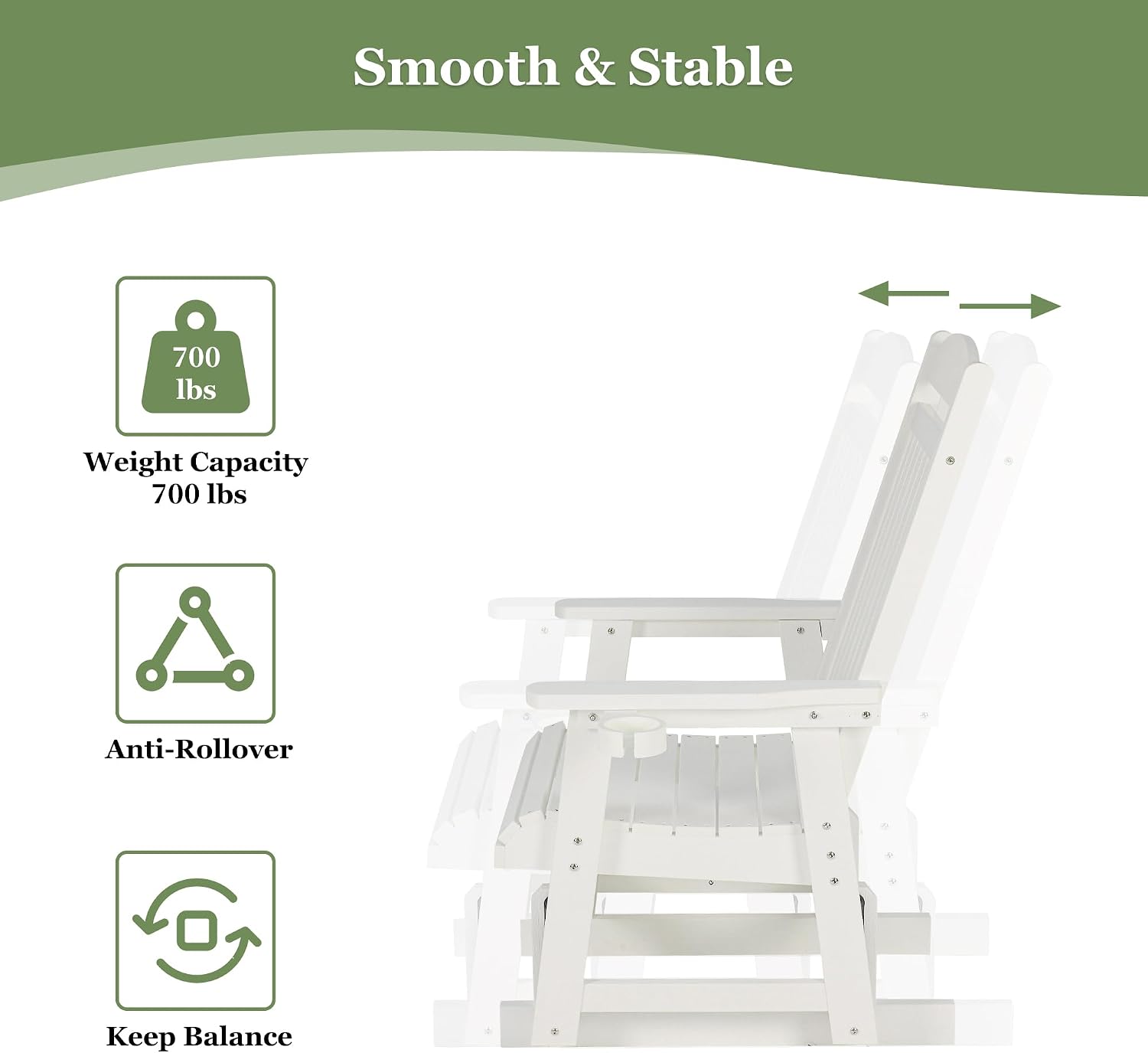 Poly Lumber Patio Glider for One Person, with Cup Holders, High Backrest and Deep Contoured Seat, HIPS Material, All-Weather Resistant, Heavy Duty 700 LBS (Ivory White)