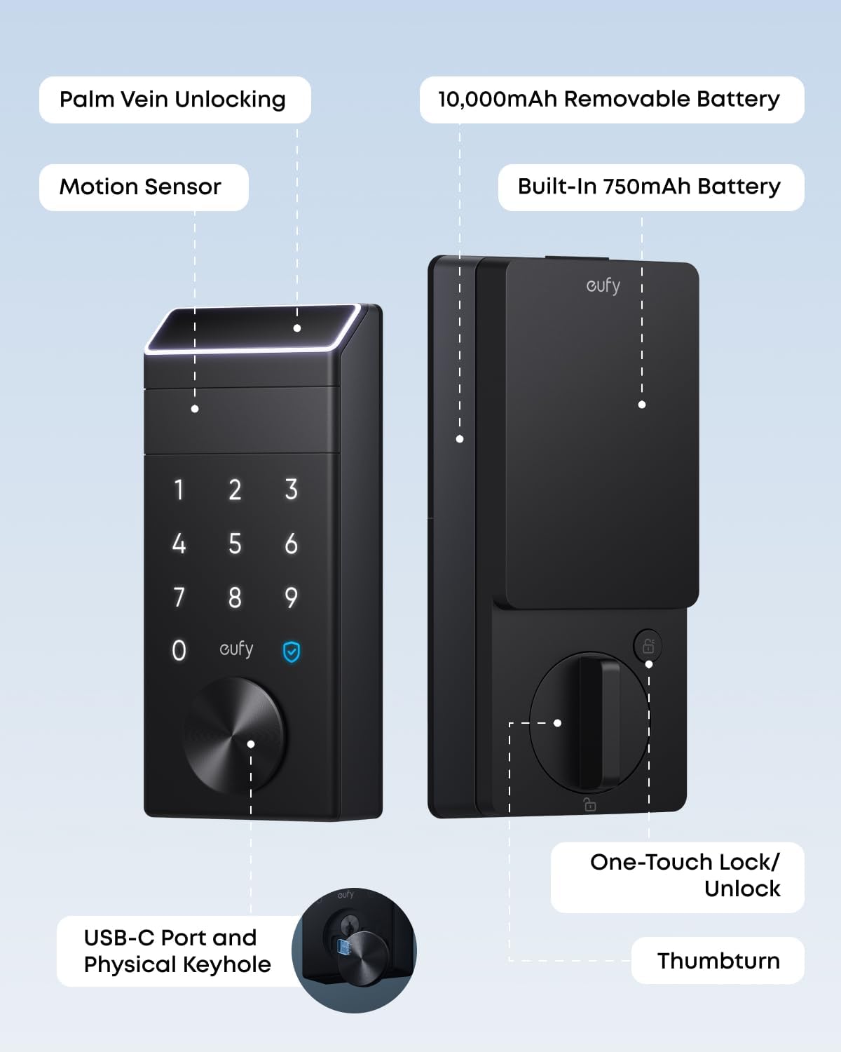 eufy Security Smart Lock FamiLock E34 with Palm Vein Recognition, Keyless Entry Door Lock for Front Door, Wi-Fi Keypad Deadbolt, ANSI/BHMA Grade 1, Auto Lock, IP65 Waterproof, No Monthly Fee