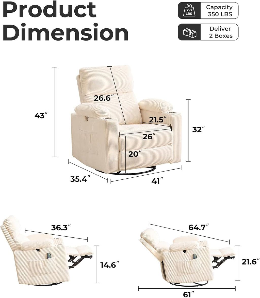Oversized Power Recliner Chair Swivel Glider with Massage and Heat, Swivel Rocker Recliner with Adjustable Armrests, Nursery Chair with Adjustable Headrest, Rocker Nursery Recliner, Corduroy Beige