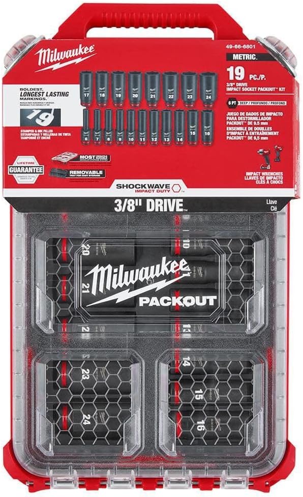 Milwaukee 4932480946 3/8 Drive Packout Deep Impact Shockwave Socket Set 19 Piece
