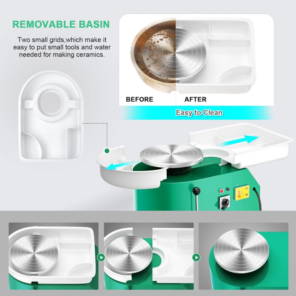 Pottery Wheel Pottery Forming Machine 25CM 350W Electric Pottery Wheel with Detachable Basin Foot Pedal DIY Clay Tool Ceramic Machine Work Clay Art Craft (Green)1
