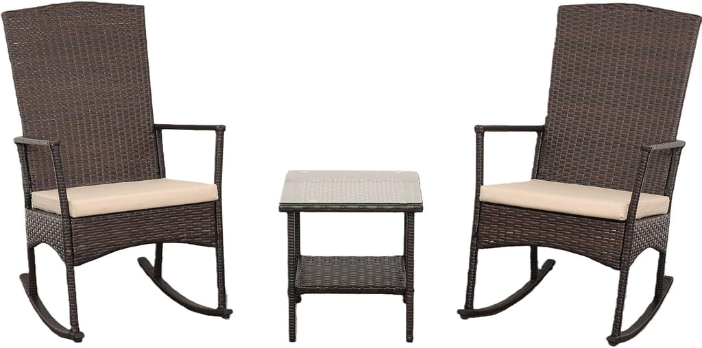 Outdoor HDPE Wicker Rocking Chair 3-Piece Patio Rattan Bistro Set 2 Rocker Armchair and Glass Coffee Side Table Furniture Washable Lacing Cushions, Khaki