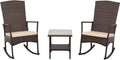 Outdoor HDPE Wicker Rocking Chair 3-Piece Patio Rattan Bistro Set 2 Rocker Armchair and Glass Coffee Side Table Furniture Washable Lacing Cushions, Khaki