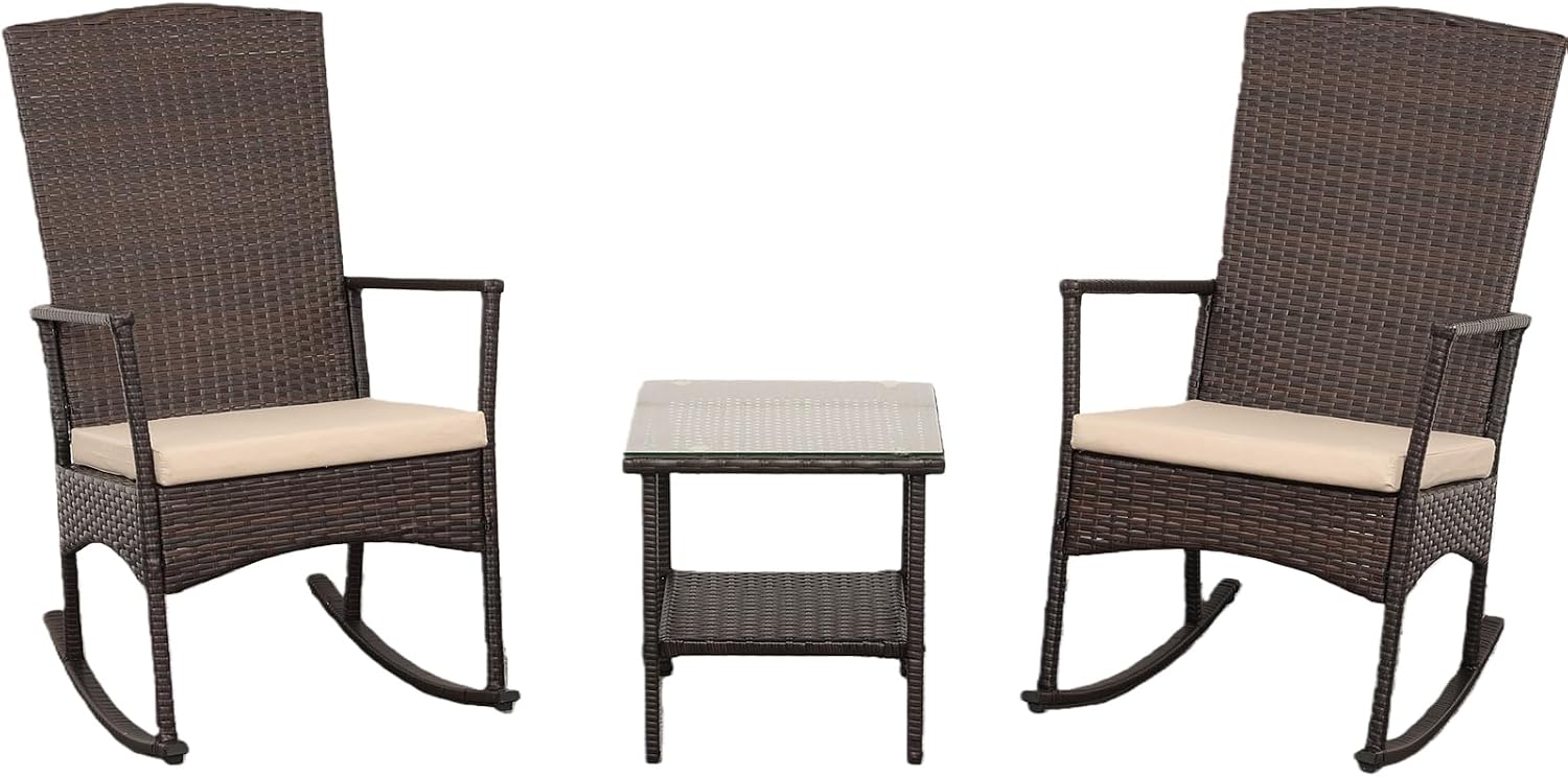 Outdoor HDPE Wicker Rocking Chair 3-Piece Patio Rattan Bistro Set 2 Rocker Armchair and Glass Coffee Side Table Furniture Washable Lacing Cushions, Khaki