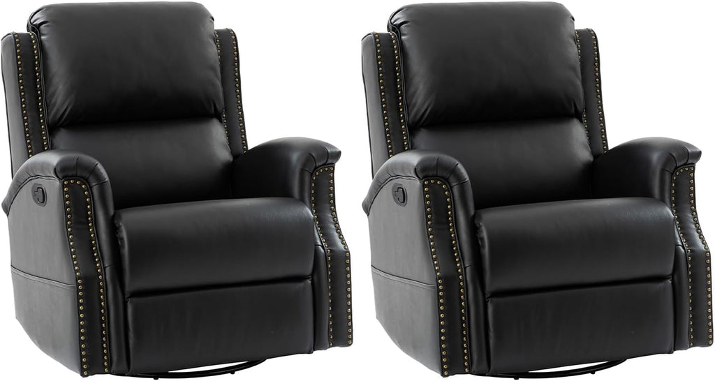 HULALA HOME Genuine Leather Recliner Chair, Swivel Rocker Chair with Thick Seat, Classic Push Back Armchair with Backrest, Nailhead Trim Set of 2, Black