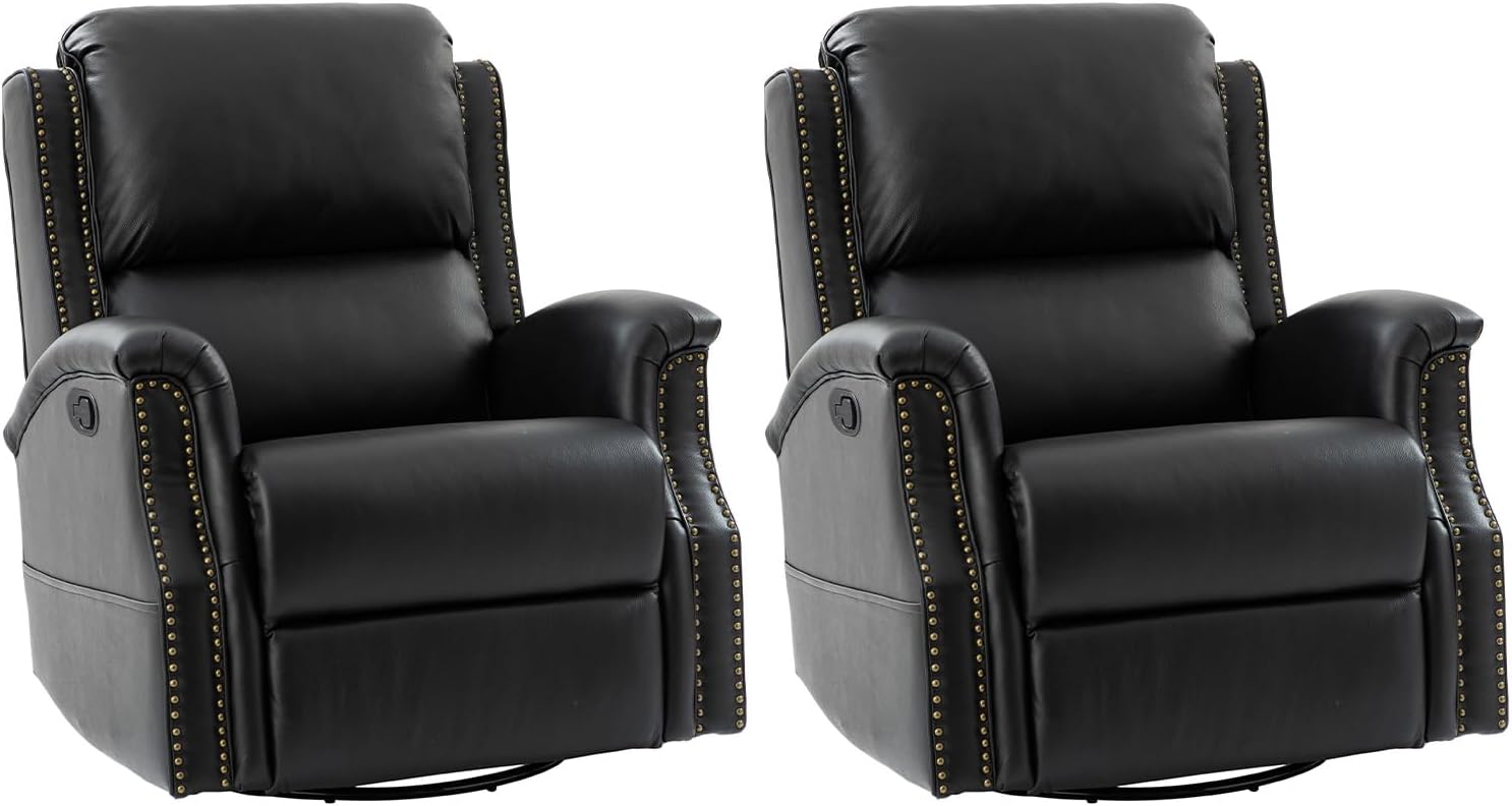HULALA HOME Genuine Leather Recliner Chair, Swivel Rocker Chair with Thick Seat, Classic Push Back Armchair with Backrest, Nailhead Trim Set of 2, Black