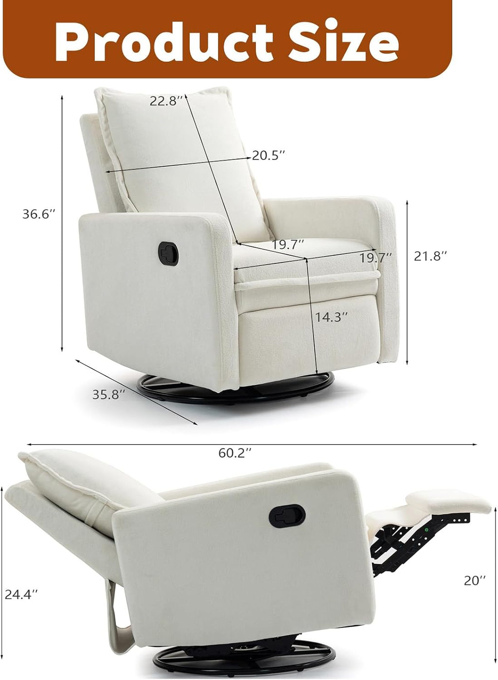 Rocker Recliner Chair for Adults, Swivel Rocker Recliner Chairs with Armrests, Glider Recliner Nursery Chair with Black Metal Base, Small Recliners for Small Spaces, Living Room (White)