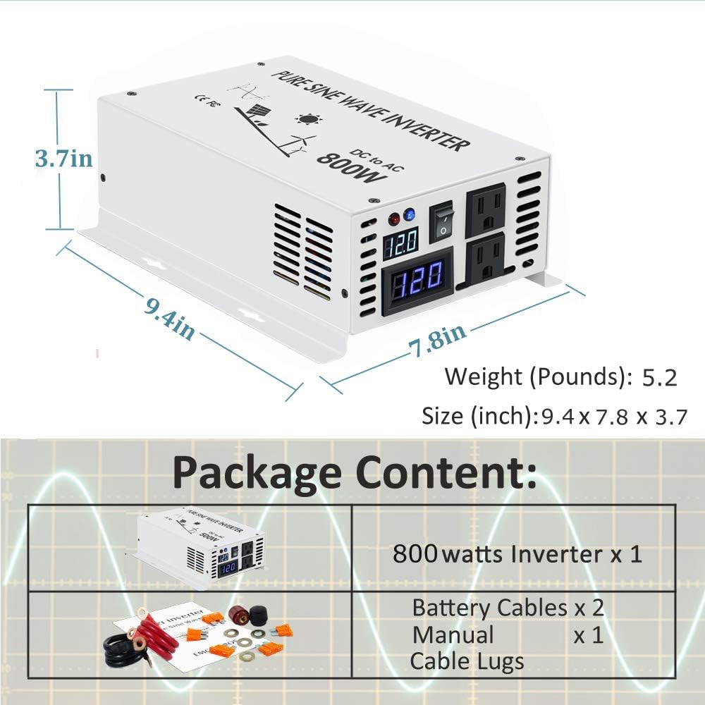 WZRELB 800w 12v 120v DC AC Power Inverter Converter Pure Sine Wave Solar Generator for Home