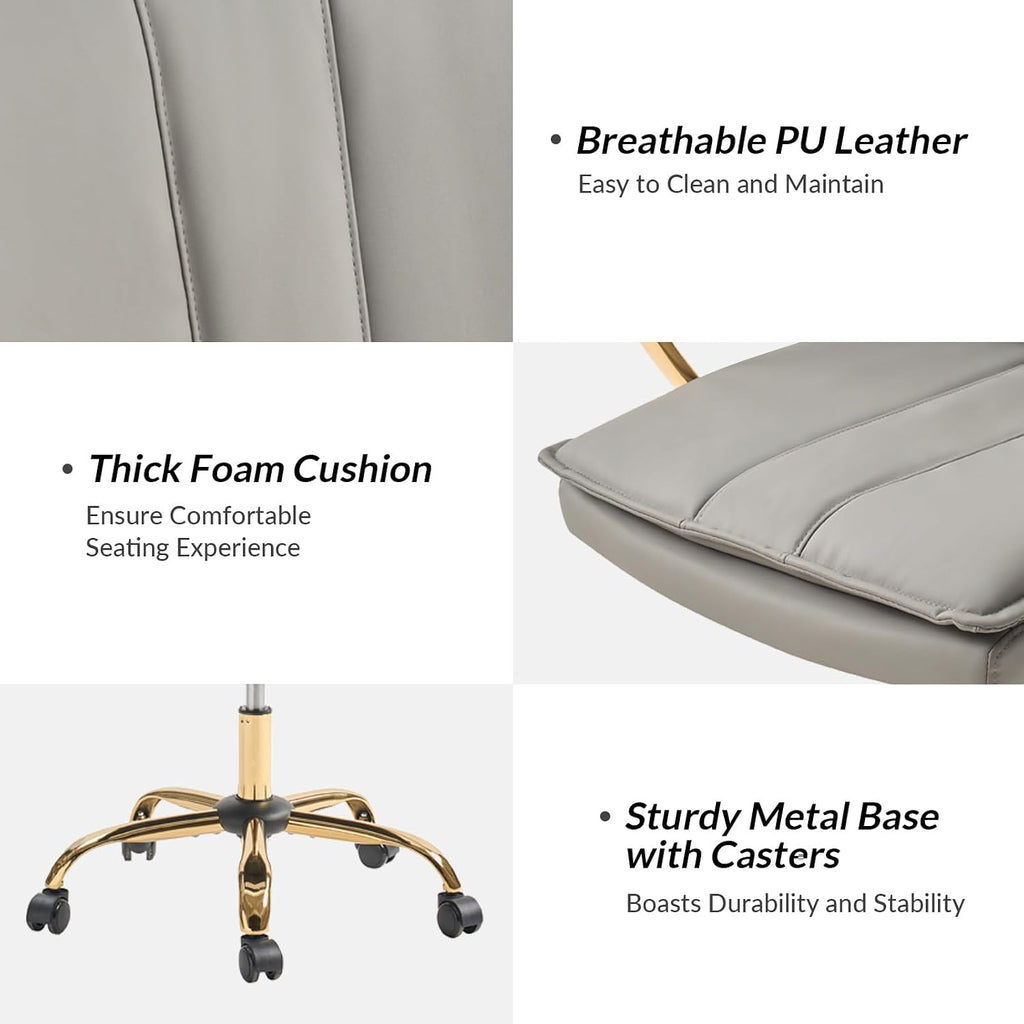 HULALA HOME Faux Leather Office Chair, Modern Adjustable Swivel Rocking Rolling Wheels Computer Desk Chair with Gold Legs and Arms, Upholstered Study Chair (Grey)