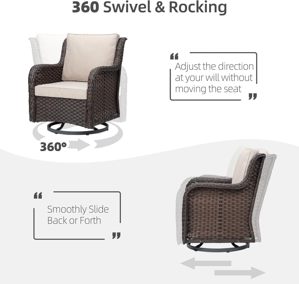 GAOMON 3 Piece Outdoor Patio Set, Wicker Rocking Bistro Set with 2 Swivel Chairs & Tempered Glass Top Table, Rattan Outdoor Furniture with Cushions for Patio Porch Backyard (Large)