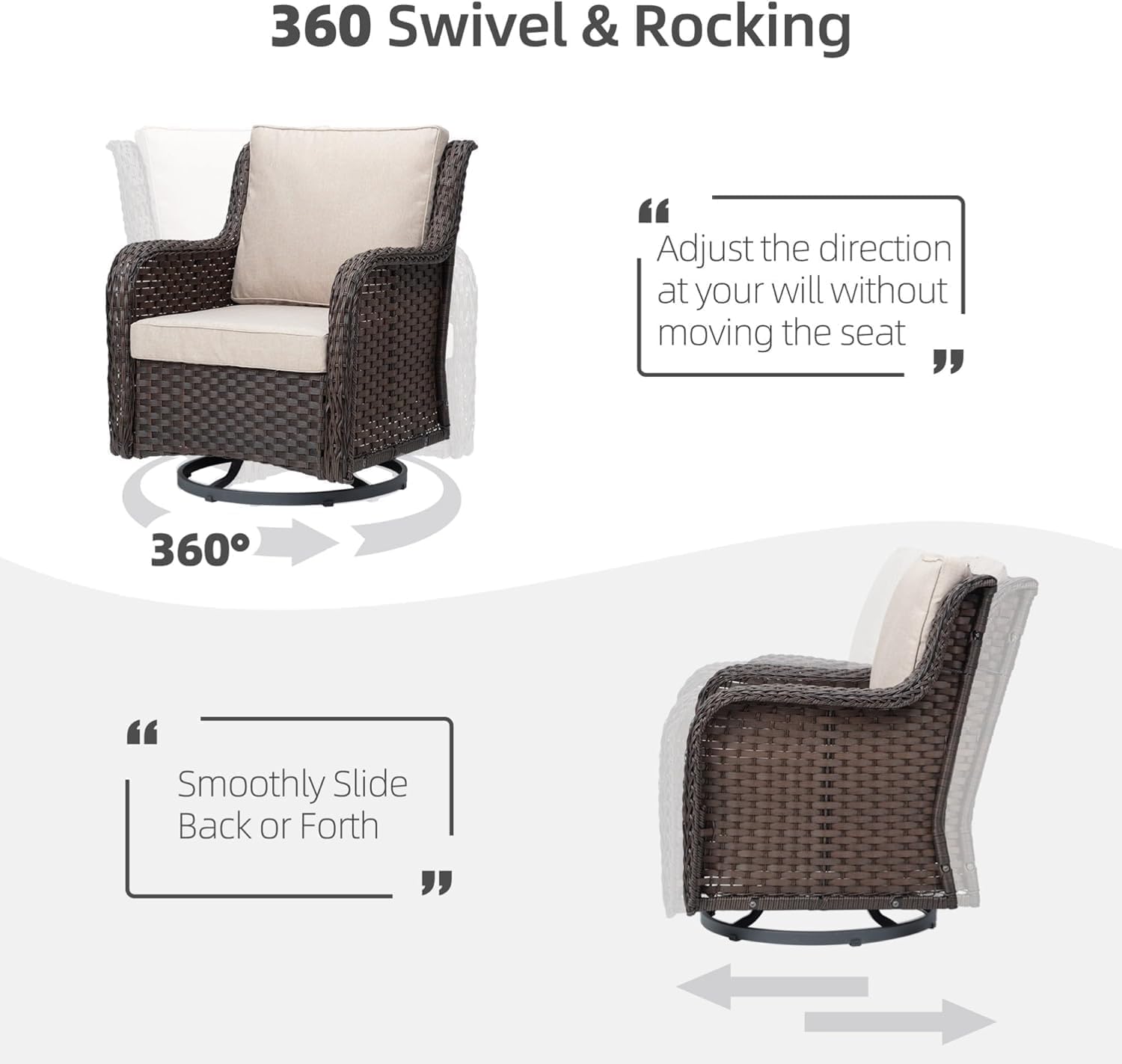 GAOMON 3 Piece Outdoor Patio Set, Wicker Rocking Bistro Set with 2 Swivel Chairs & Tempered Glass Top Table, Rattan Outdoor Furniture with Cushions for Patio Porch Backyard (Large)
