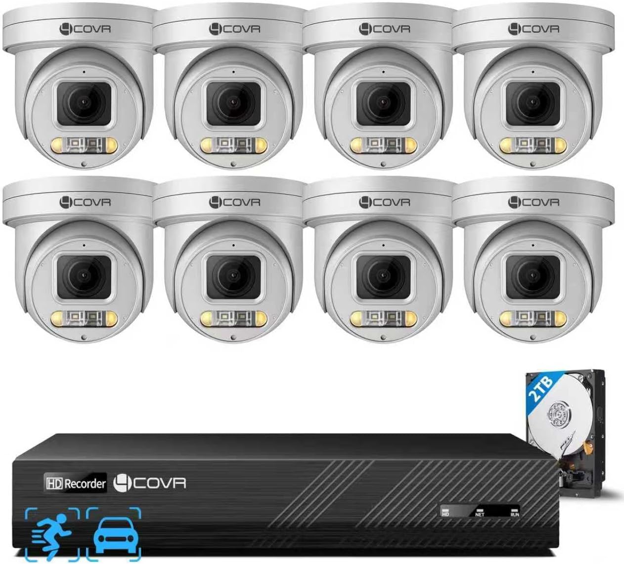 4COVR PoE PTZ Security Camera System 8 Channel, 8X 5MP IP PTZ Camera Two Way Audio, 280ｰ Pan 90ｰ Tilt 5X Optical Zoom, Smart Color Night Vision, Human Vehicle Detection, 4K NVR 2TB HDD, LY5XCP5M0808