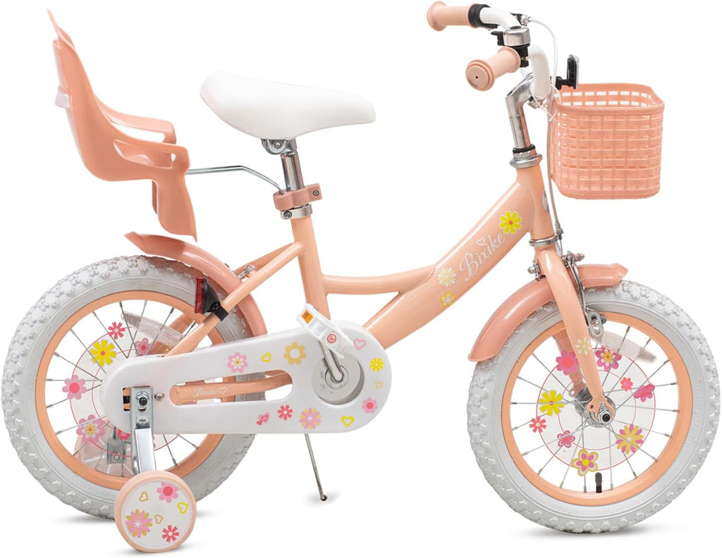 Bixike Girls Bike with Basket for Toddlers and Kids Aged 3-14 Years Old, 12 14 16 18 Inch with Training Wheels & Doll Seat, 20 Inch with Kickstand & Rear Rack, Princess Style Bicycle for Gift.