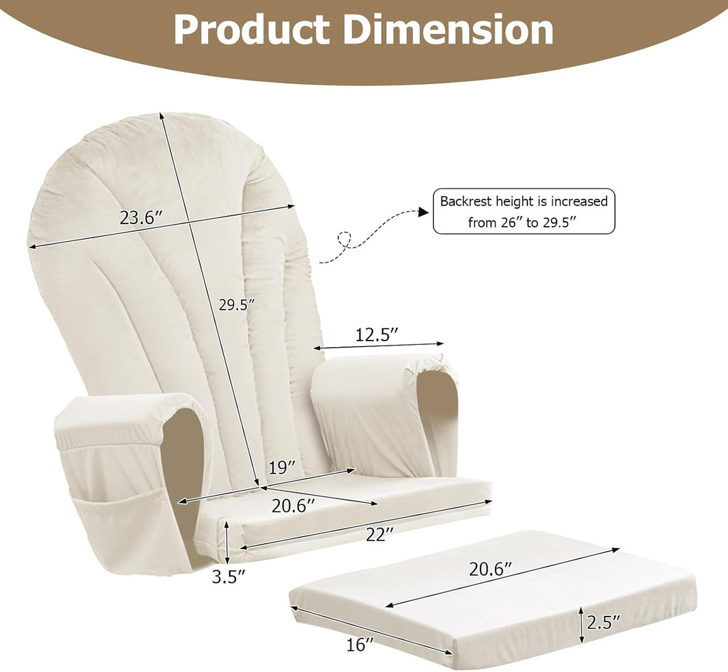 ANMINY 5pcs Glider Rocker Replacement Cushions Set - Thickened Velvet Glider Rocking Chair Cushions with 29 inch High Backrest & Side Pockets for Indoor Nursery, Washable & Non Slip, Beige