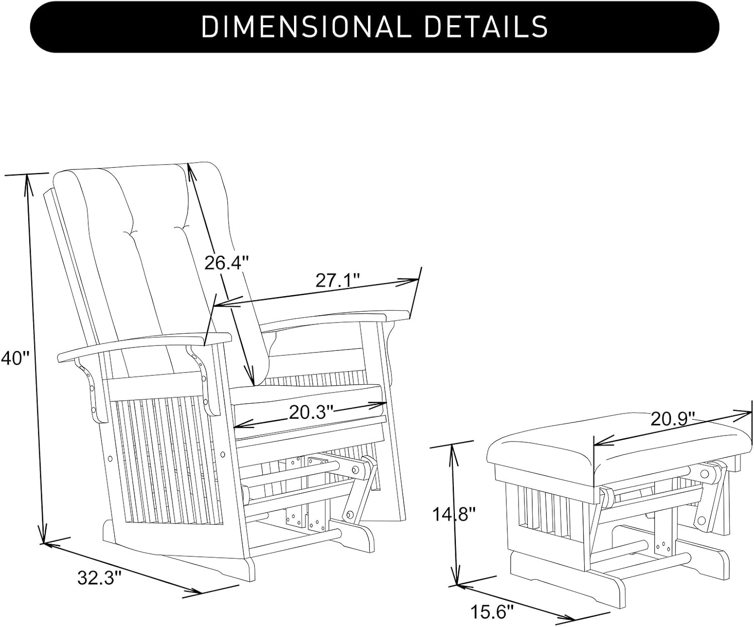 Solid Wood Glider Rocking Chair and Ottoman Set, Rustic Nursery Glider Rocker with Padded Cushion, Smooth Rocking Motion Indoor Living Room Nursing Napping Reading, Reddish Brown+Cream