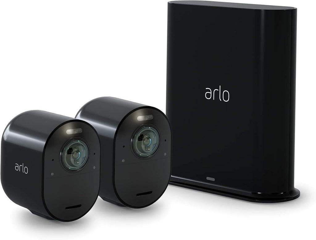 Arlo Ultra Security Camera 4K HDR (2nd Gen, 2020 Release) + SmartHub, Battery Power, Emergency Response, AI Event Captions, 1-Month Trial of Secure Plan, 180° Field of View, 2 Cam, White