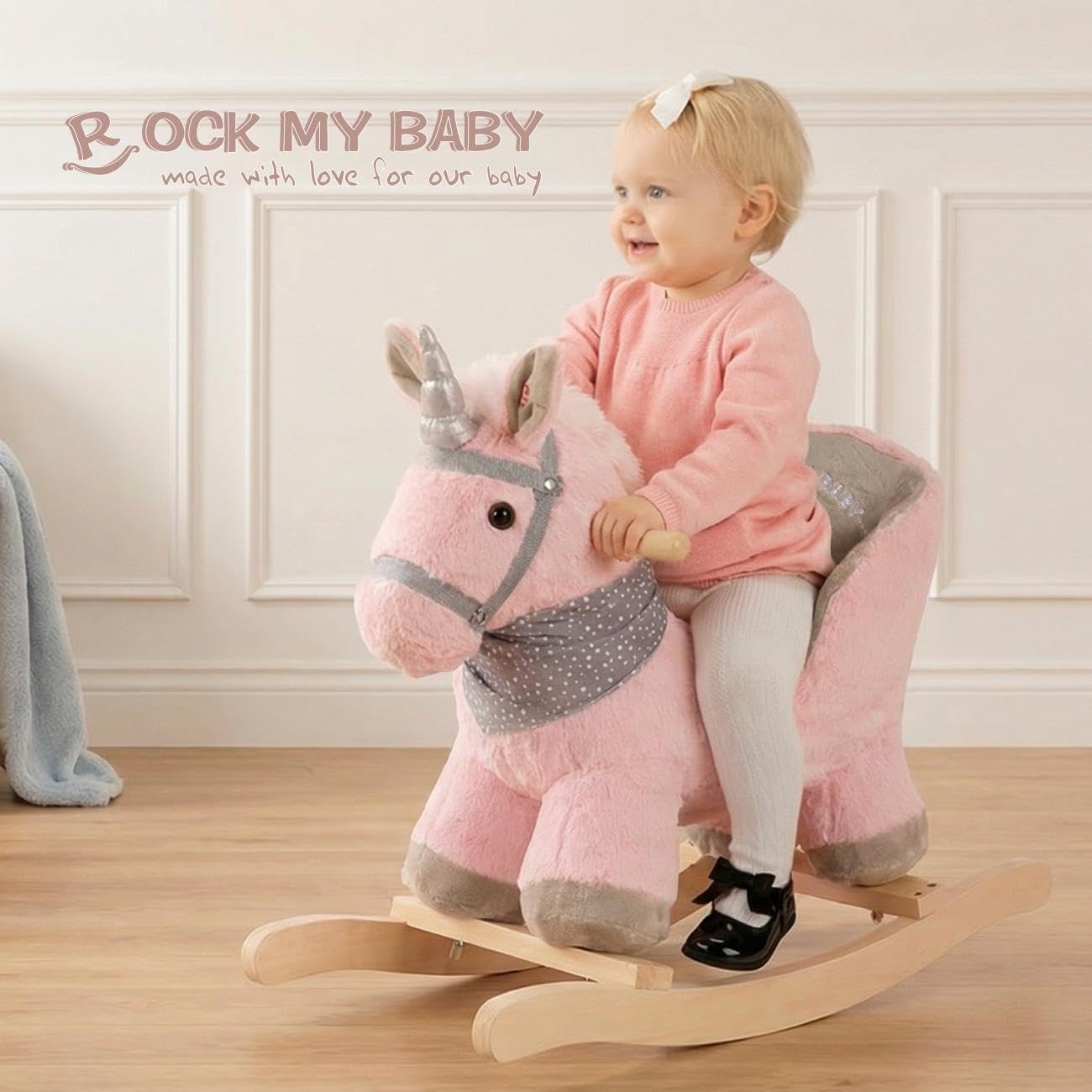 Baby Animal Rocker, Rocking Horse with Seat, Ride on Horse, Plush Rocking Horse with Unicorn Music, Wooden Rocking Horse for Toddlers 1-3, (Pink Unicorn), CPC Certified
