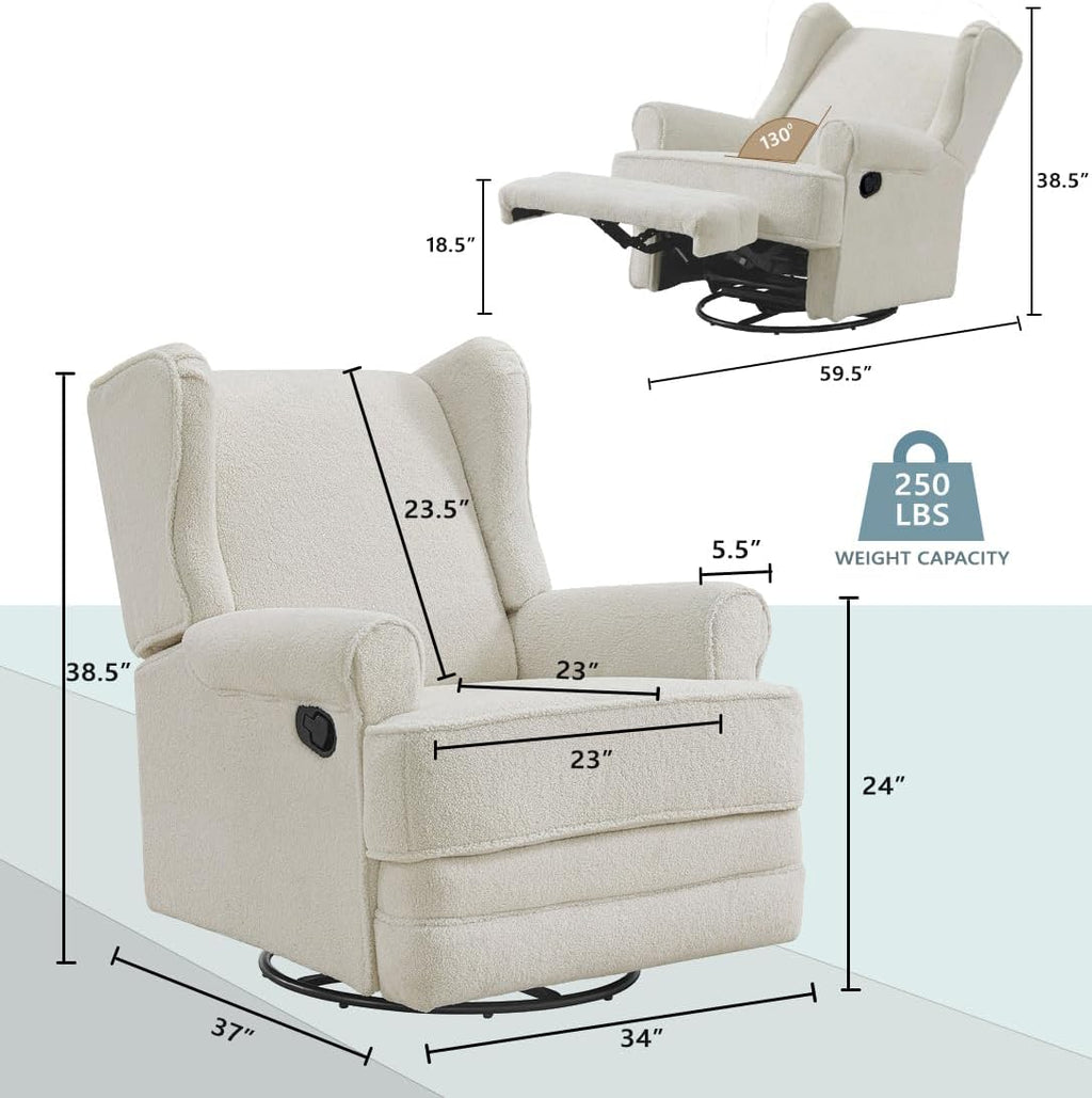 Oxford Baby Teegan Upholstered Glider Recliner Rocking Chair 360° Swivel for Nursery and Living Room - Boucle White