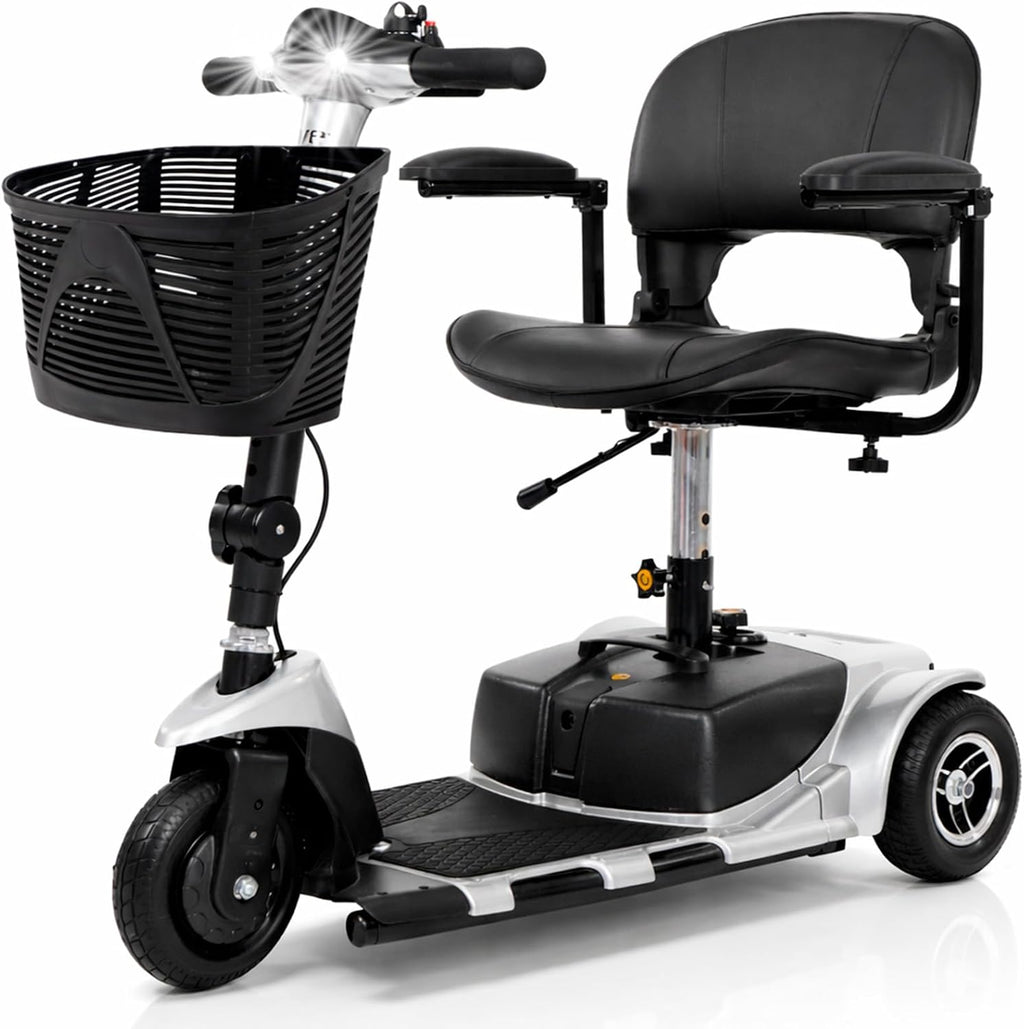 Vive 3 Wheel Mobility Scooter - Electric Powered Mobile Wheelchair Device for Adults - Folding, Collapsible and Compact for Travel - Long Range Power Extended Battery with Charger and Basket Included