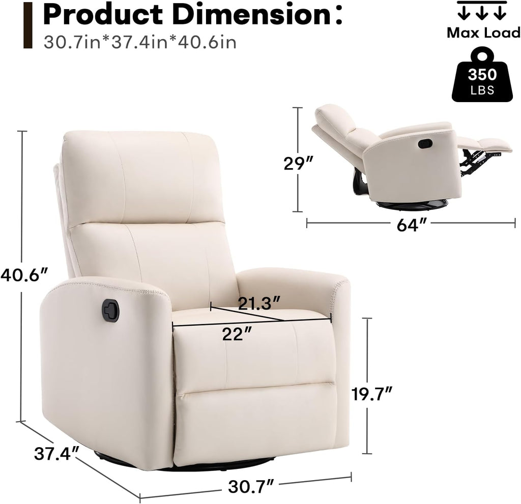 HAOMARKETS Swivel Rocker Recliner Chair, Manual Faux Leather Glider Rocking Recliners for Adults, 360° Swivel Nursery Reclining Sofa with Padded Backrest for Living Room, White
