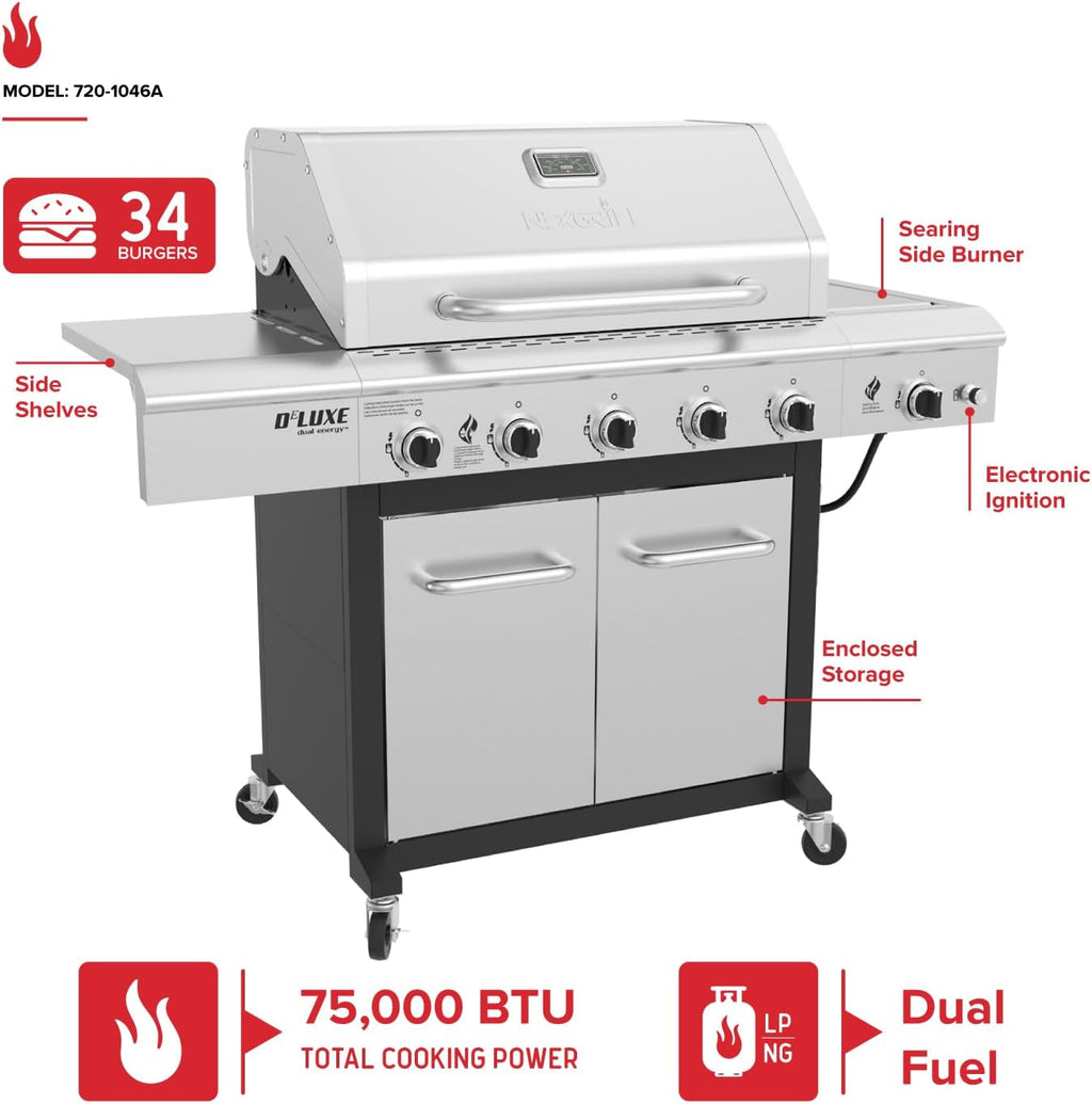 Nexgrill Deluxe 5-Burner Propane Barbecue Gas Grill with Side Table and Ceramic Searing Side Burner, 771 sq. in., 75000 BTUs, Black, Outdoor Cooking, Patio, Barbecue Grill, 720-1046A