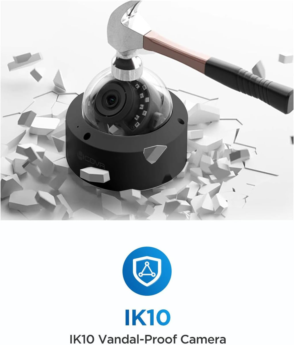 4COVR 4K PoE Security Camera System, 8X 8MP IK10 Vandal-Proof IP67 Dome PoE IP Camera, 8CH NVR 2TB HDD, AI Human Vehicle Detection & IR Night Vision, 24/7 Home Outdoor Recording, LY54AB8M0808