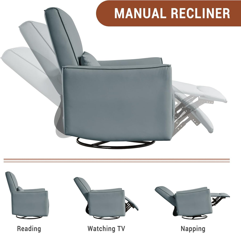 GarveeHome Recliner Chair, 360° Swivel Rocker Glider Nursery Chair with Padded Armrest and Deep Seat, PU Leather Upholstered Reclining Sofa Chair for Living Room, Bedroom and Nursery (Silver)