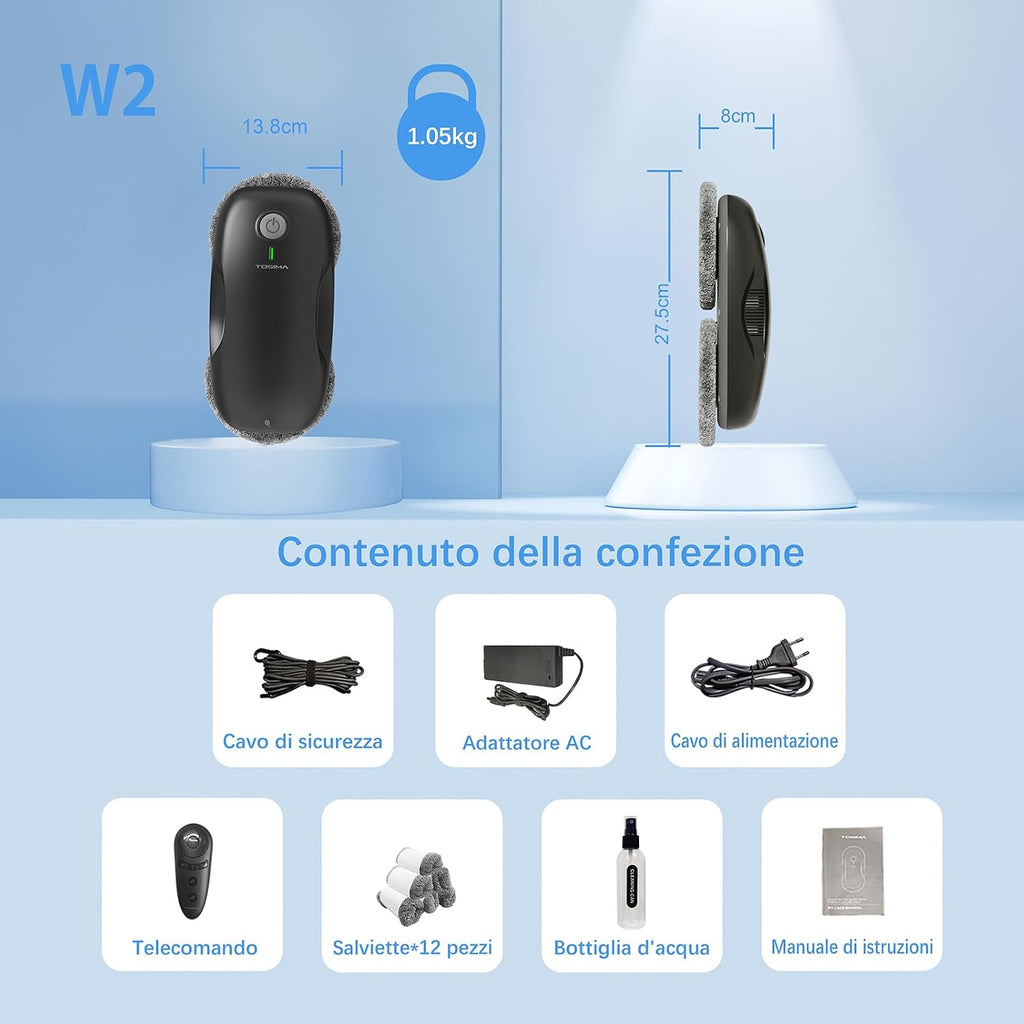Tosima Window Cleaning Robot W2, Automatic Cleaning with Intelligent Path Planning, 3800Pa Suction Power, Edge Detection Technology, Remote Control