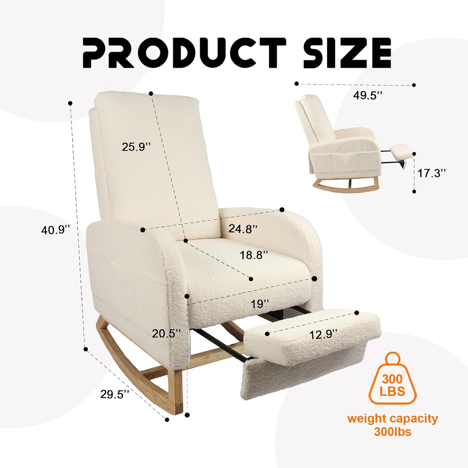 Rocking Chair Nursery with Foot Rest, Sherpa Nursing Rocking for Mom Nursery Rocker Chair with High Straight Backrest, Armchair Rocker Glider with Side Pocket for Living Room, Bedroom, Teddy White