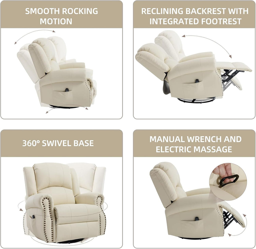 PELUMY Breathable Leather Swivel Rocking Recliner Chair for Adults, 360° Swivel Glider Rocker with Heat & Vibrating Massage, Lounge Chair for Living Room, Bedroom, Nursery (Creamy Beige)