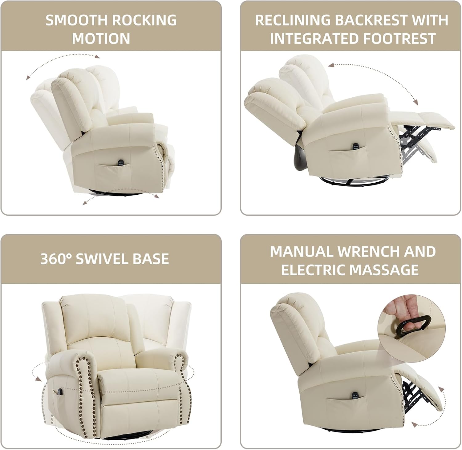 PELUMY Breathable Leather Swivel Rocking Recliner Chair for Adults, 360° Swivel Glider Rocker with Heat & Vibrating Massage, Lounge Chair for Living Room, Bedroom, Nursery (Creamy Beige)