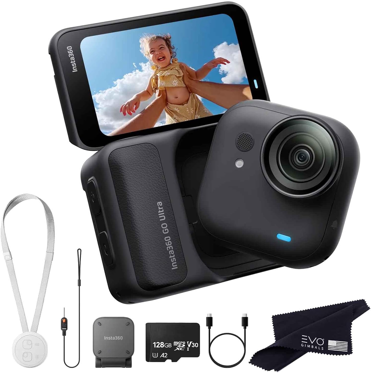 Insta360 GO Ultra Standard Bundle Midnight Black with 128GB Card- Tiny Mighty Hands-Free 4K Cam, Lightweight, Low Light Excellence, Mount Anywhere, FlowState Stabilization, 200 Min Battery Life