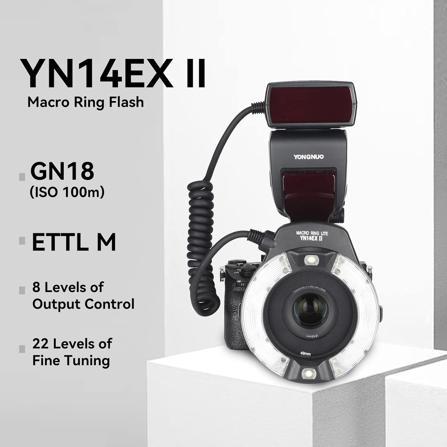 YONGNUO YN14EX II Macro Ring Flash for Canon DSLR Cameras, with Adapter Rings and Color Temperature Filters, Hot Shoe Mount, Support M, TTL Flash