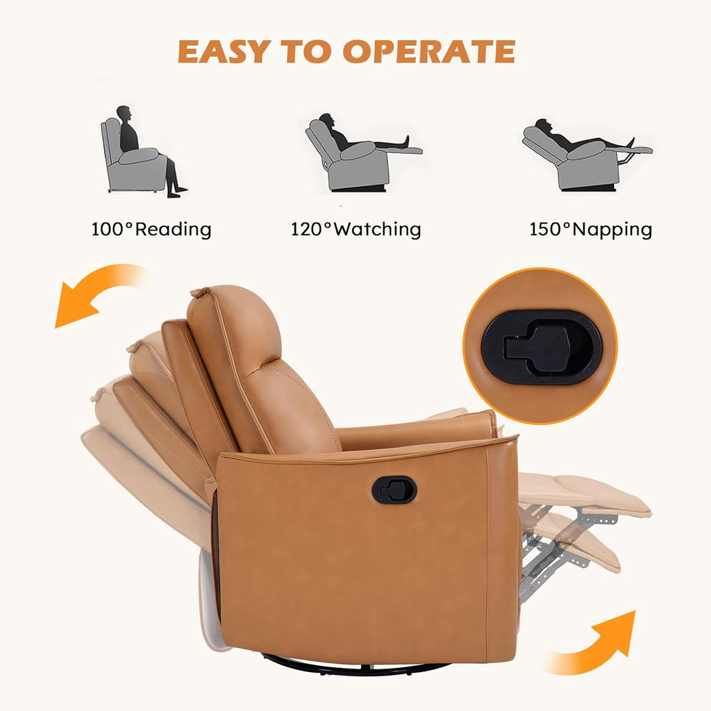 ANJ Manual Swivel Rocker Recliner, Glider Recliners with Padded Armrest and Backrest, Soft Leather Nursery Rocking Recliner Chair Reclining Sofa for Living Room