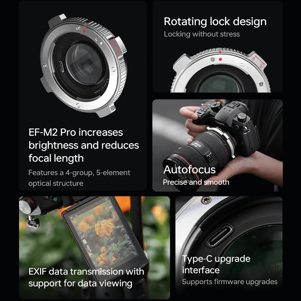 VILTROX EF-M2 Pro Lens Mount Adapter Auto Focus Ring Converter 0.71x Reducer Speed Booster with Security Lock Compatible for Canon EF Mount Lens to M4/3 Camera GH4 GH5 GH5S GF6 GX7 GX85 GX9 G9