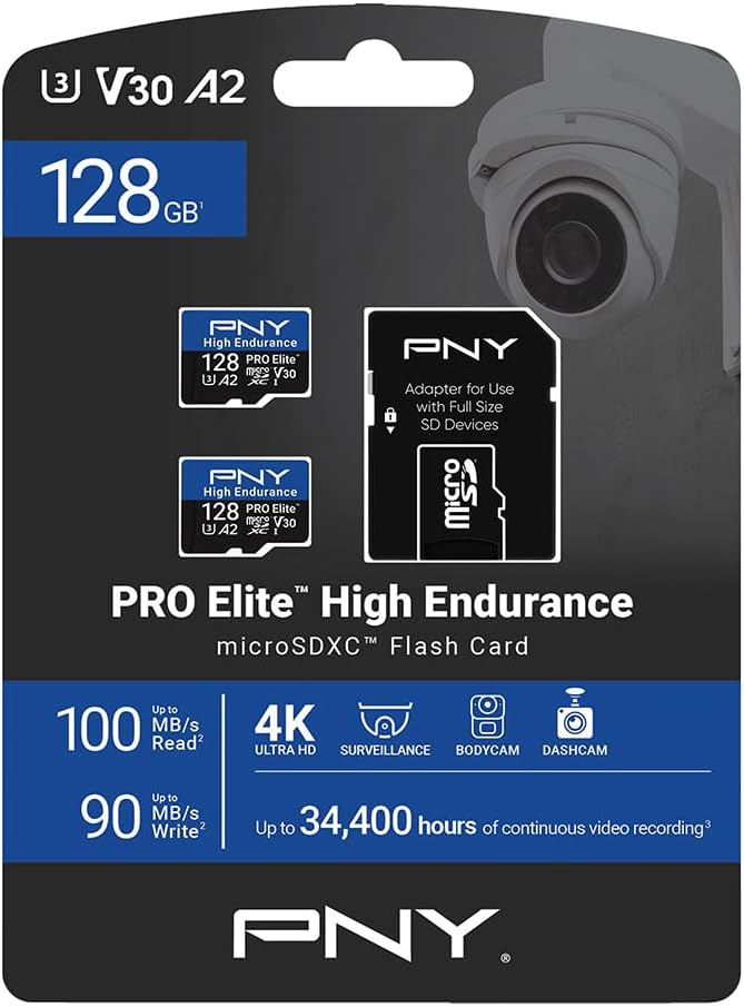 PNY 128GB PRO Elite™ High Endurance C10 U3 V30 A2 microSDXC – Up to 34.4K Continuous Recording Hours, Up to 100/90MB/s Read/Write, 4K UHD, Full HD, UHS-I, Surveillance, Home Security, Dash Cam, 2-Pack