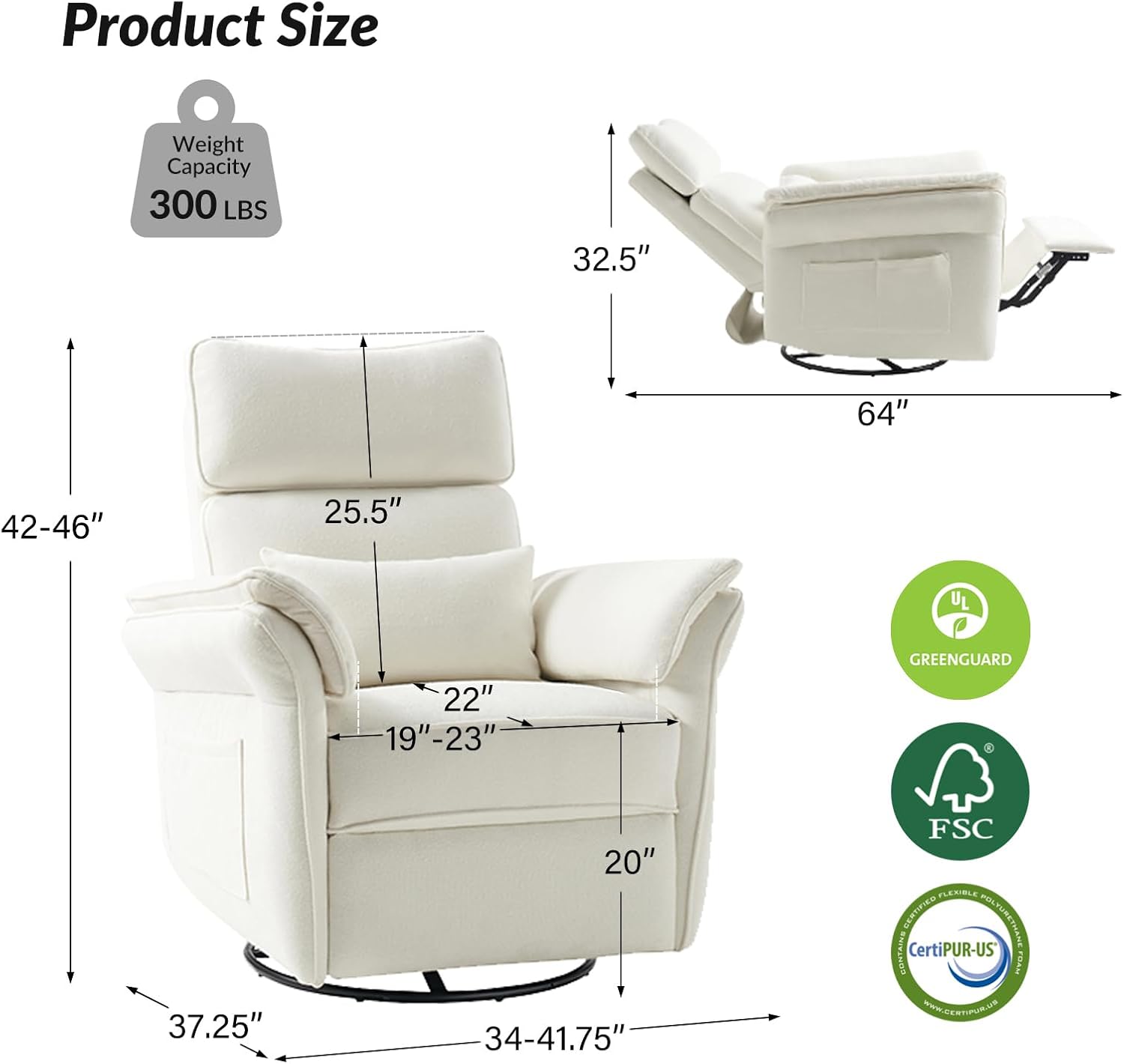 HULALA HOME Nursery Glider Recliner with Adjustable Headrest and Armrests, Modern Power Swivel Rocker Recliner Chair with USB Port and Storage Bags, GREENGARD, FSC, CertiPUR-US® Certified, Ivory