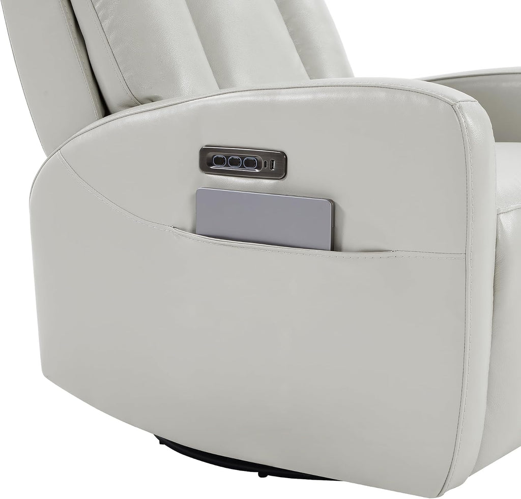 CHITA Leather Power Swivel Recliner Chair for Adults, Triple Motor Electric Rocker Recliner for Living Room with Adjustable Headrest and Lumbar Support, USB & Type-C Charging Ports, Creamy Grey