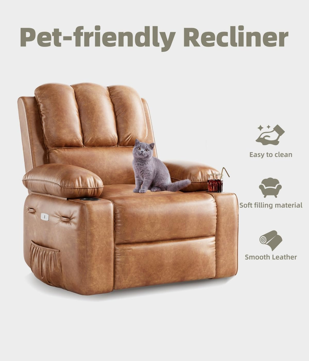 Oversized 27' Power Recliner Chair with Heat and Massage - 360° Swivel Faux Leather Rocking Chair for Adults with Cup Holder for Living Rooms, Bedrooms, and Nurseries - Brown