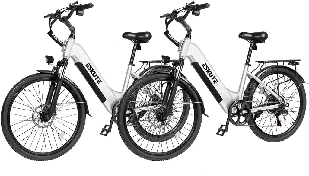 ESKUTE Electric Bike for Adults-1300w Peak Ebike, 28MPH Step Thru Electric Bicycle，70Miles 840 WH Removable Battery e-Bike, 7-Speed 26'' tire, Adjustable Stem,