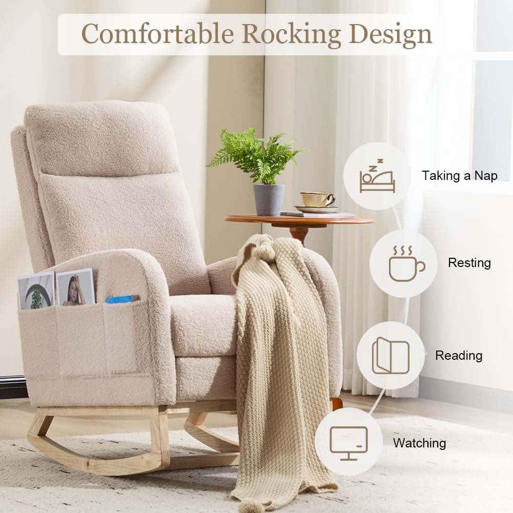 Rocking Chair Nursery with Foot Rest, Sherpa Nursing Rocking for Mom Nursery Rocker Chair with High Backrest, Armchair Rocker Glider with Side Pocket for Living Room, Bedroom, Teddy Begie