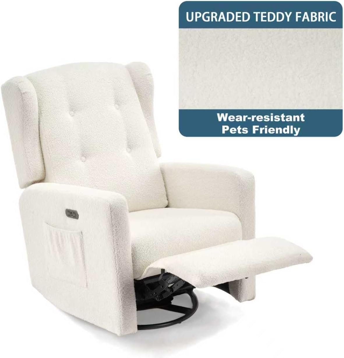 Ketaiyou Power Swivel Rocking Recliner Chair, High Back Electric Rocker Nursery Glider Chair, USB and Type-C Ports, Upholstered Teddy Fabric Reclining Single Sofa Chair for Living Room (Teddy Beige)