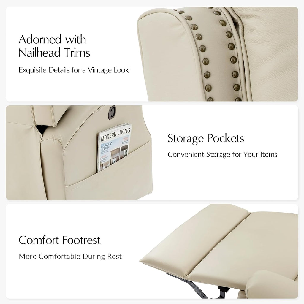 HULALA HOME Genuine Leather Recliner Chair, Swivel Rocker Chair with Thick Seat, Classic Push Back Armchair with Backrest, Nailhead Trim, Beige
