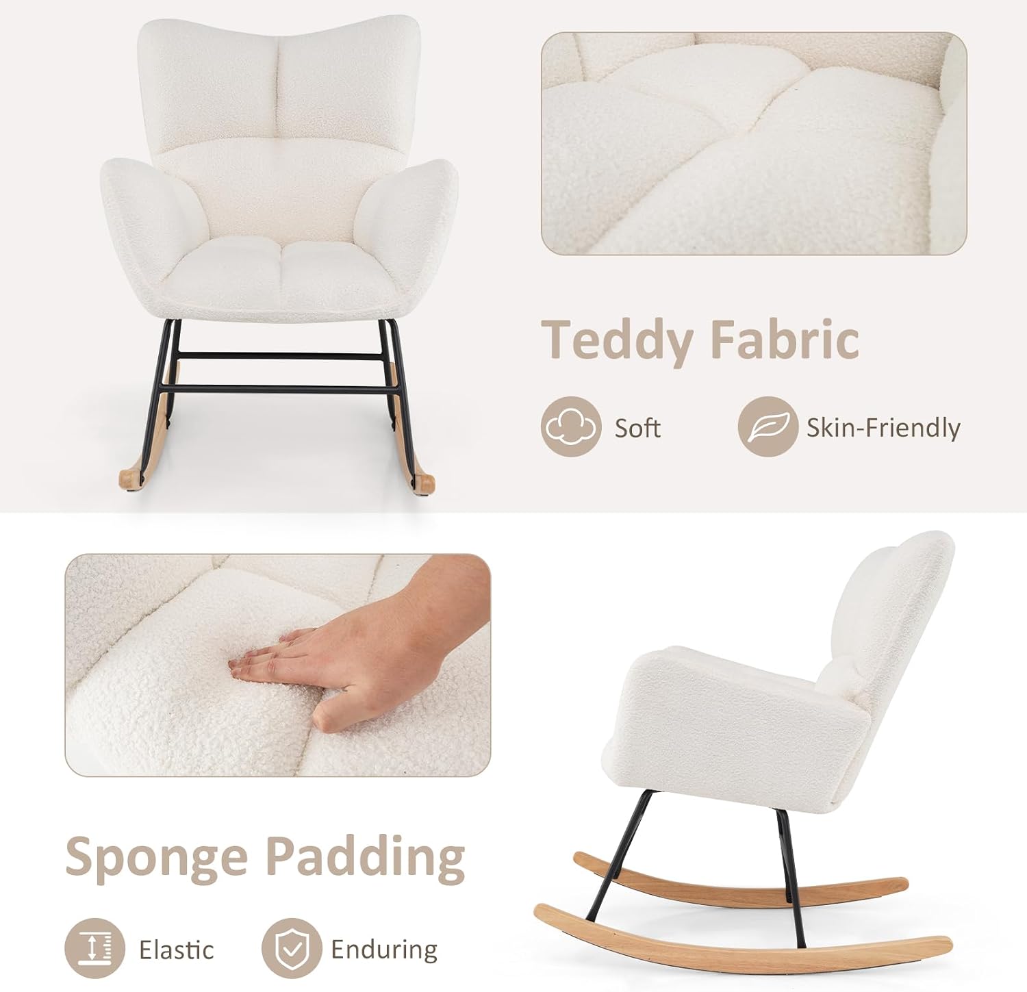 Giantex Rocking Chair Nursery, Teddy Upholstered Glider Rocker Chair w/High Backrest, Armrests & Rubber Wood Feet, Modern Sherpa Rocking Accent Chair for Living Room, Bedroom & Office, Beige