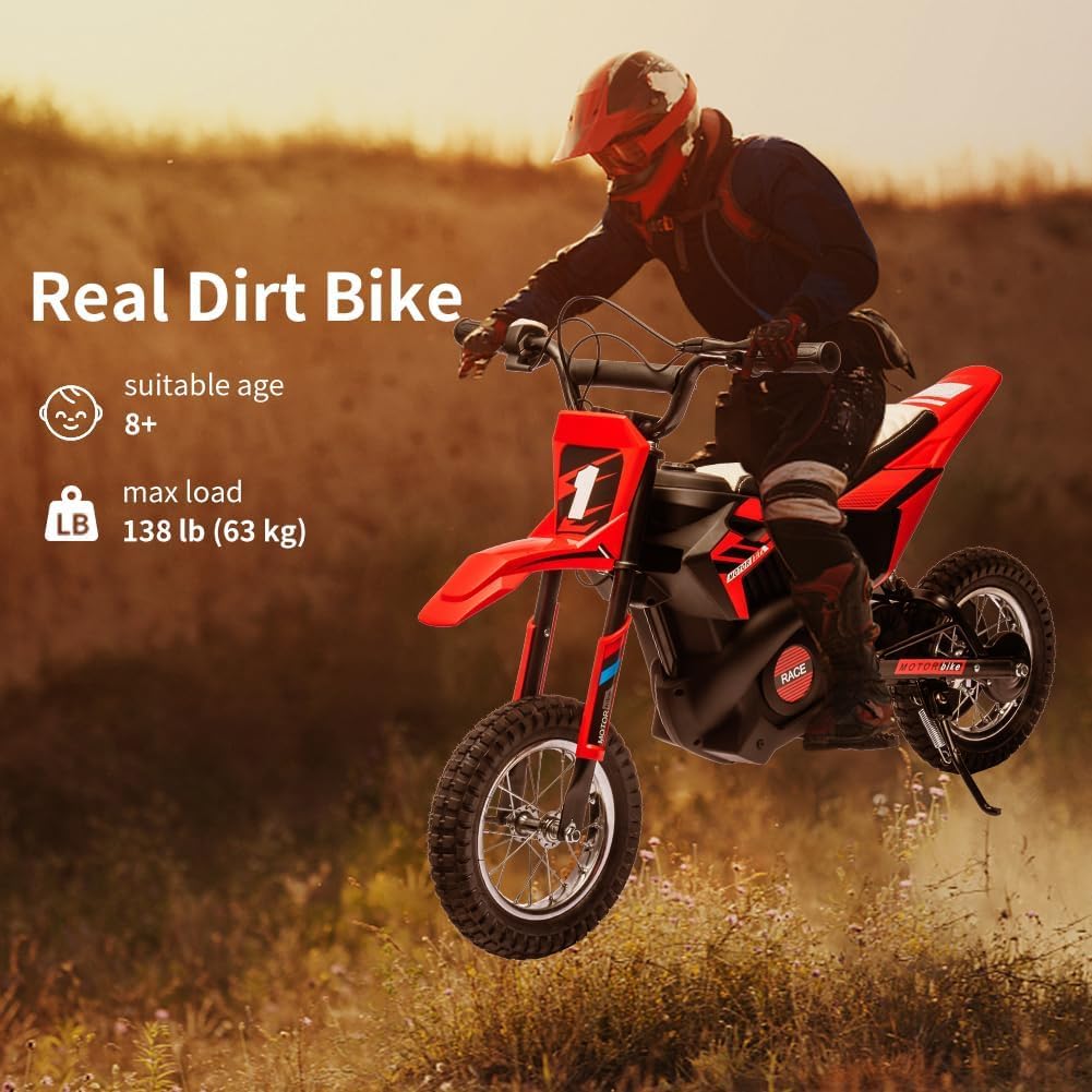 24V Electric Off-Road Motorcycle,250W Motor 13.6MPH Fast Speed Motocross,Leather Seat Dirt Bike,Twist Grip Throttle,Metal Suspension,Air-Filled Tires,for Kids Teens 8+ (Red)