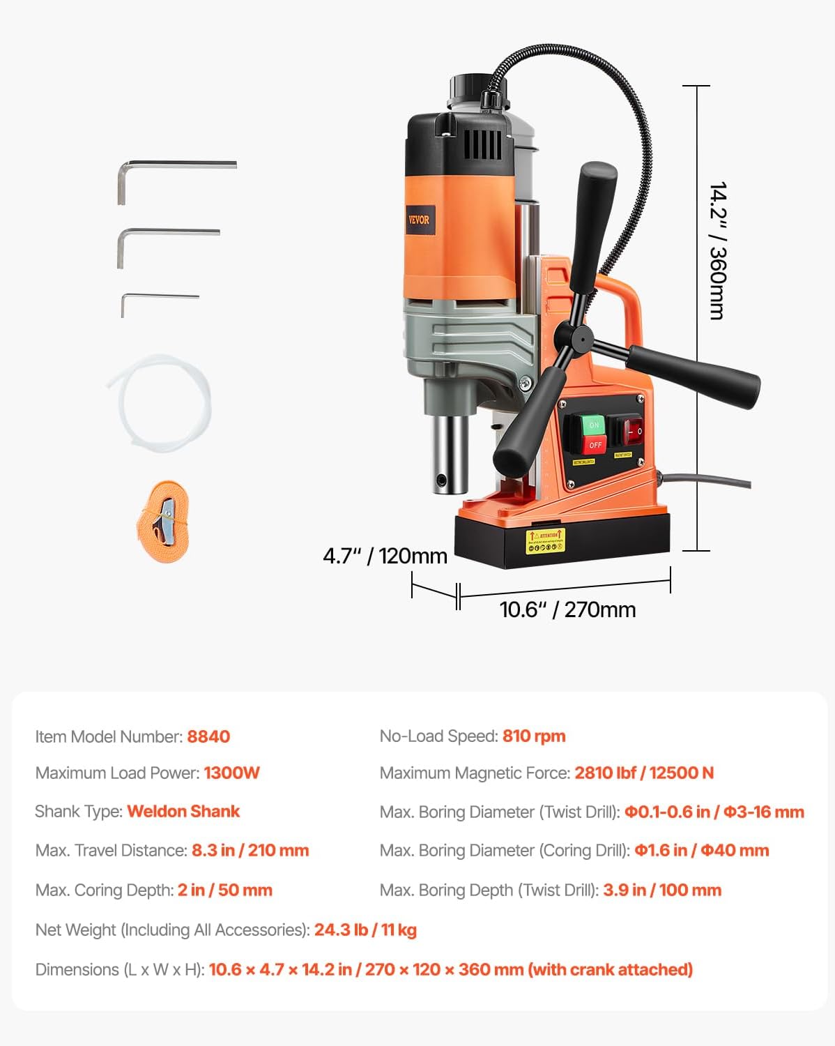VEVOR Mag Drill Press, 1300W 1.57' Boring Diameter, 2922lbf Power Portable Magnetic Drill, 810 PRM, Electric Drilling Machine for Metal Surface, Industrial and Home Improvement