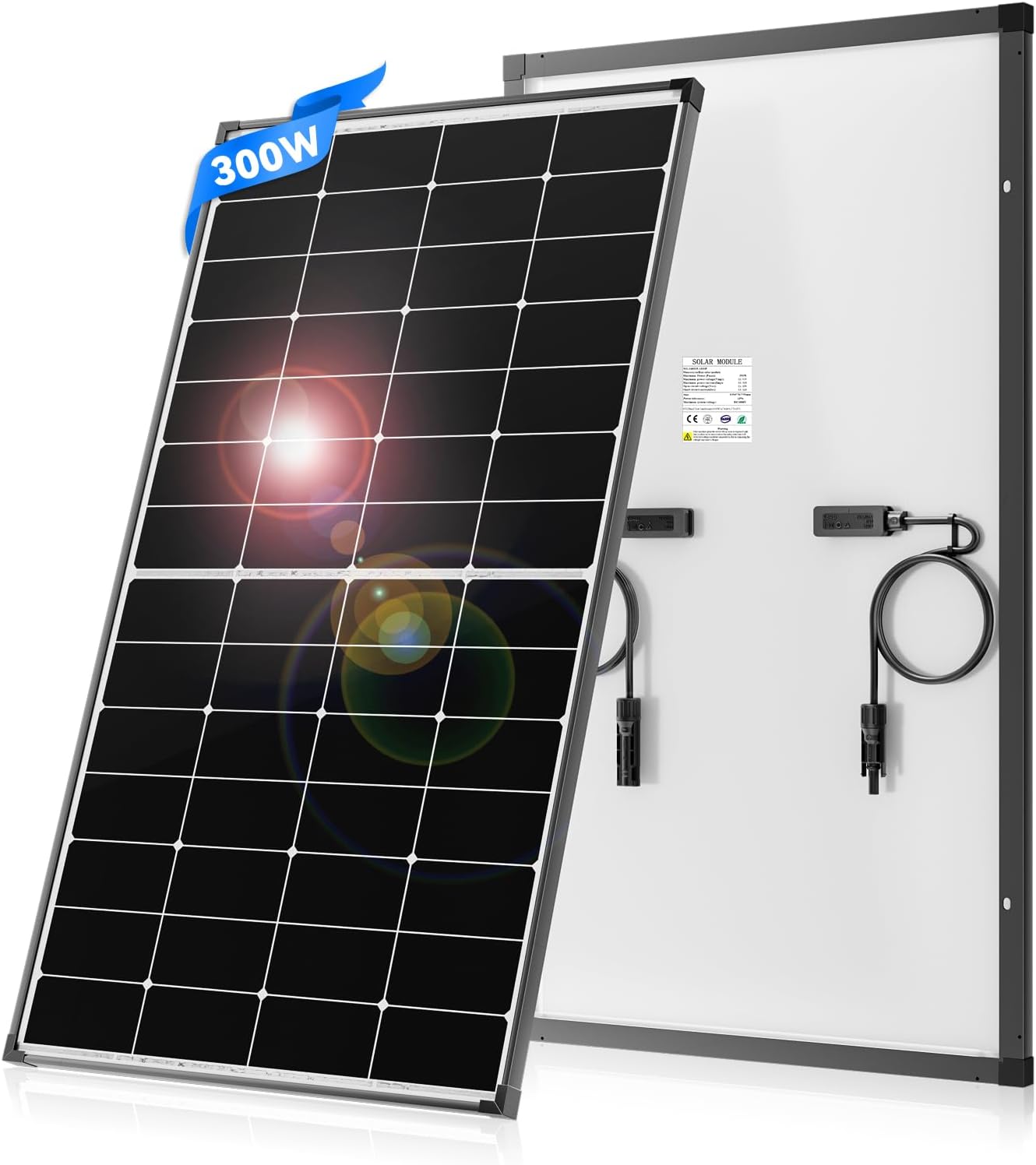 300 Watt Solar Panel 10BB N-Type 300w Solar Panels 25% High Efficiency Monocrystalline Busbar-Less Half-Cut Technology for RV Home Rooftop Power Station Off Grid Systems (300w Single Solar Panel)